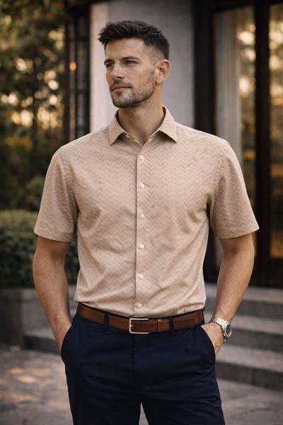 Erkek Kısa Kollu Kendinden Desenli Dokulu Slim Fit Gömlek Bej