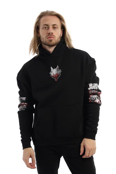 Erkek 3 İplik Pamuklu İçi Polarlı  Oversize Ön Arka Kol Baskılı Kapüşonlu Kanguru Cepli Siyah Sweatshirt