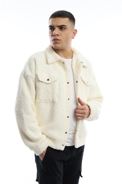 Erkek Oversize Çıt Çıt Kapamalı Cepli Ekru Peluş Ceket