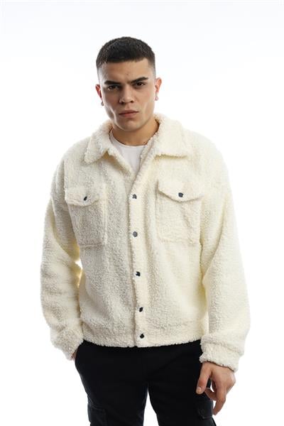 Erkek Oversize Çıt Çıt Kapamalı Cepli Ekru Peluş Ceket