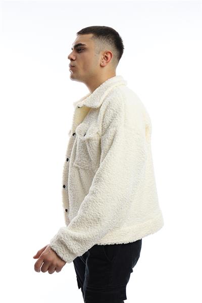 Erkek Oversize Çıt Çıt Kapamalı Cepli Ekru Peluş Ceket