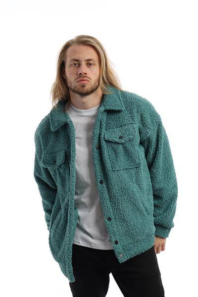 Erkek Oversize Çıt Çıt Kapamalı Cepli Petrol Peluş Ceket