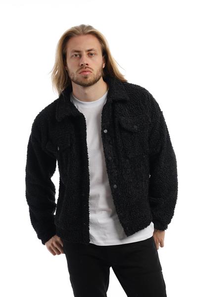 Erkek Oversize Çıt Çıt Kapamalı Cepli Siyah Peluş Ceket