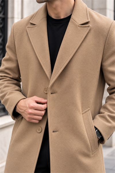 Erkek Klasik Yaka Tek Sıra Düğmeli Regular Fit Uzun Kaban - Camel Camel