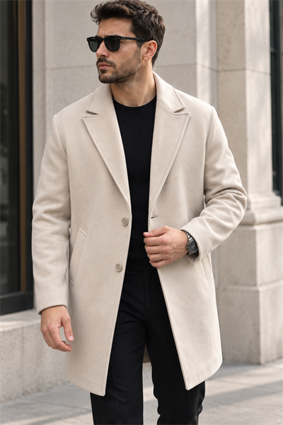 Erkek Klasik Yaka Tek Sıra Düğmeli Regular Fit Uzun Kaban - Ekru Ekru