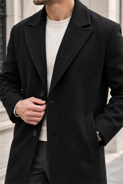 Erkek Klasik Yaka Tek Sıra Düğmeli Regular Fit Uzun Kaban - Siyah Siyah