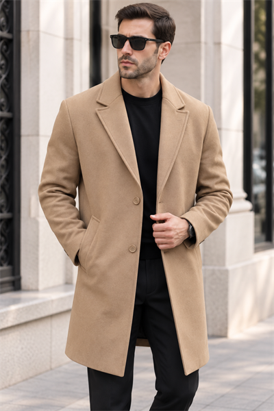 Erkek Klasik Yaka Tek Sıra Düğmeli Regular Fit Uzun Kaban - Camel Camel