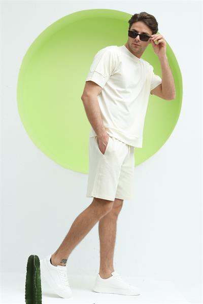 Erkek Kol Detaylı T-shirt Ekru