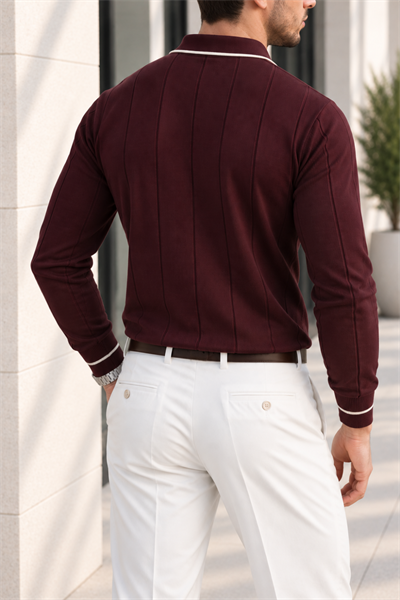 Erkek Kontrast Biye Detaylı Fermuarlı Polo Yaka Triko - Bordo Bordo