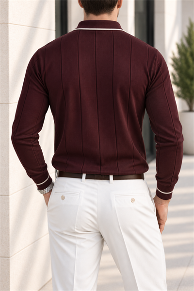 Erkek Kontrast Biye Detaylı Fermuarlı Polo Yaka Triko - Bordo Bordo