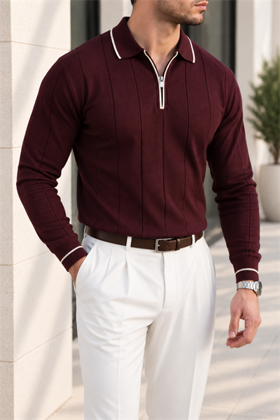 Erkek Kontrast Biye Detaylı Fermuarlı Polo Yaka Triko - Bordo Bordo