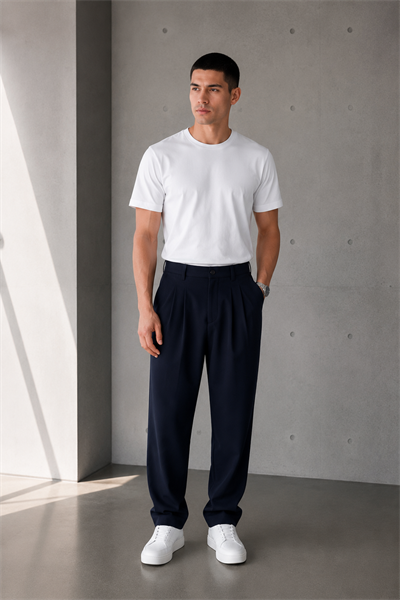 Erkek Lacivert Baggy Fit Pileli Kumaş Pantolon