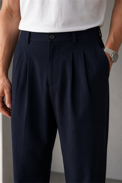 Erkek Lacivert Baggy Fit Pileli Kumaş Pantolon