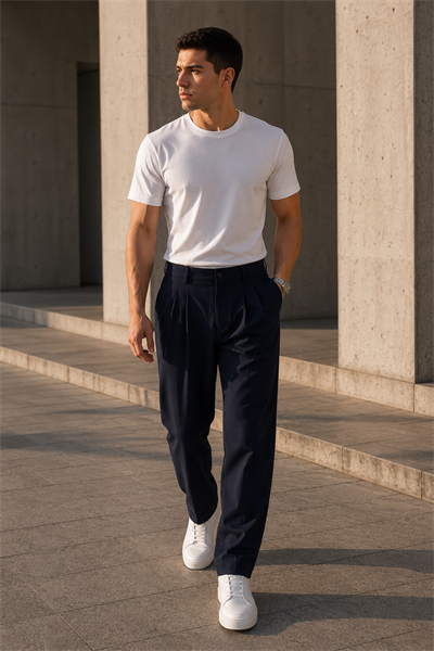 Erkek Lacivert Baggy Fit Pileli Kumaş Pantolon