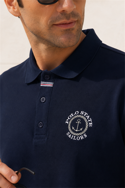 Erkek Lacivert Polo Yaka Nakışlı Pike T-Shirt