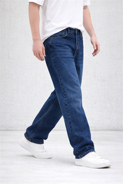 Erkek Lacivert Yıkamalı Baggy Fit Kot Pantolon