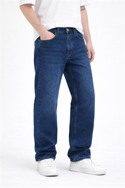 Erkek Lacivert Yıkamalı Baggy Fit Kot Pantolon