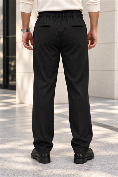 Erkek Likralı Pileli Baggy Fit Pantolon - Siyah Siyah