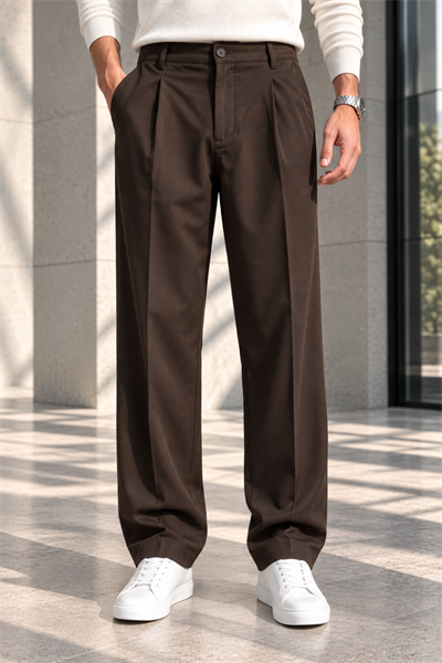 Erkek Likralı Pileli Baggy Fit Pantolon - Kahverengi Kahverengi