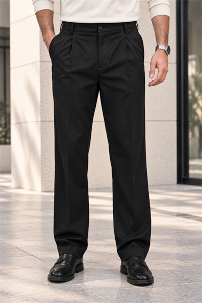 Erkek Likralı Pileli Baggy Fit Pantolon - Siyah Siyah
