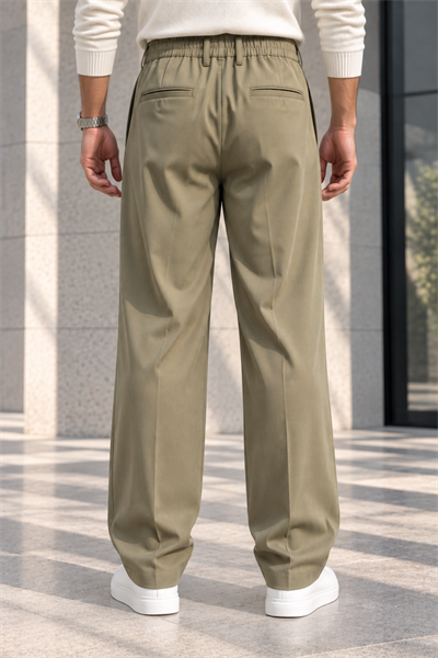 Erkek Likralı Pileli Baggy Fit Pantolon - Haki Haki