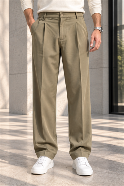 Erkek Likralı Pileli Baggy Fit Pantolon - Haki Haki