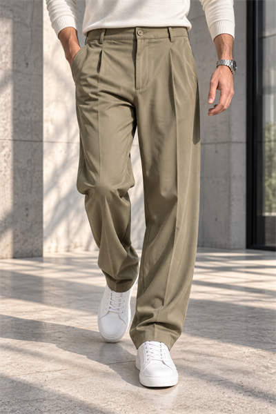 Erkek Likralı Pileli Baggy Fit Pantolon - Haki Haki