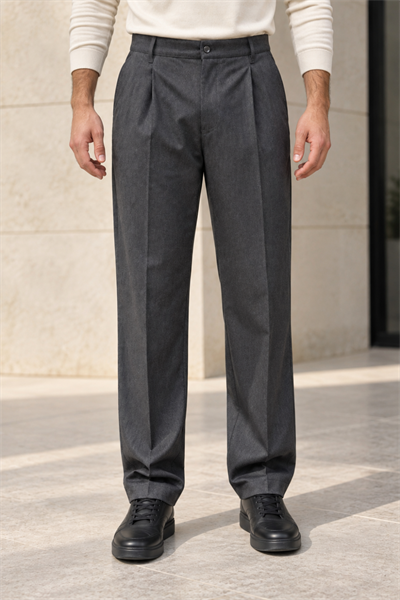 Erkek Likralı Pileli Baggy Fit Pantolon - Antrasit Antrasit
