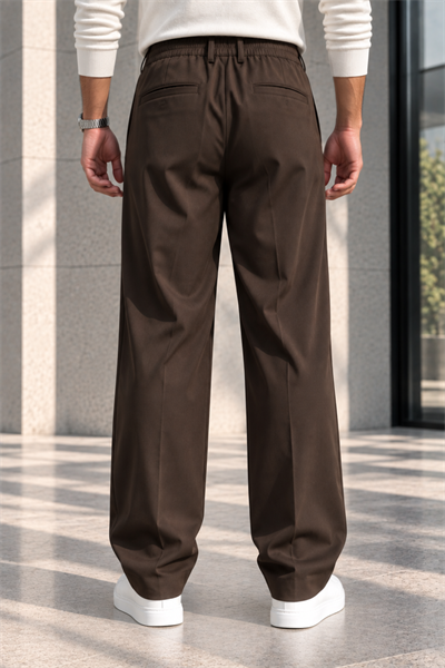 Erkek Likralı Pileli Baggy Fit Pantolon - Kahverengi Kahverengi