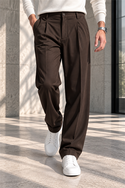 Erkek Likralı Pileli Baggy Fit Pantolon - Kahverengi Kahverengi
