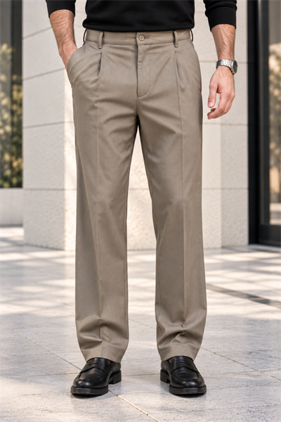 Erkek Likralı Pileli Baggy Fit Pantolon - Bej Bej