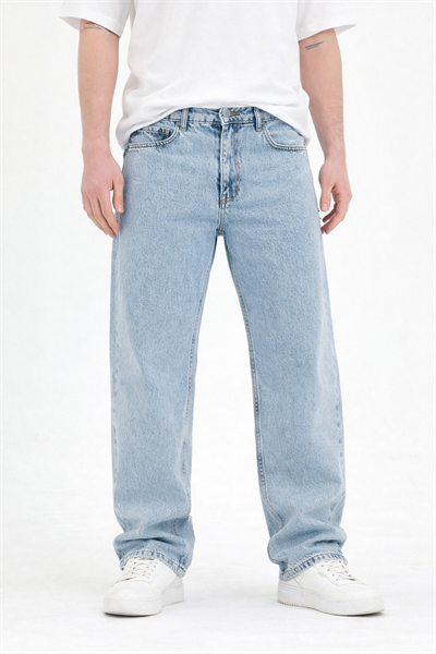 Erkek Mavi Yıkamalı Baggy Fit Kot Pantolon