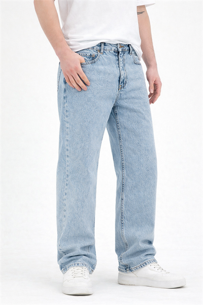 Erkek Mavi Yıkamalı Baggy Fit Kot Pantolon