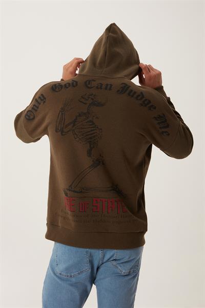 Erkek 3 İplik Pamuklu İçi Polarlı Ön Arka Baskılı Oversize Kapüşonlu Haki Sweatshirt