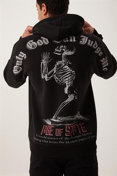 Erkek 3 İplik Pamuklu İçi Polarlı Ön Arka Baskılı Oversize Kapüşonlu Siyah Sweatshirt