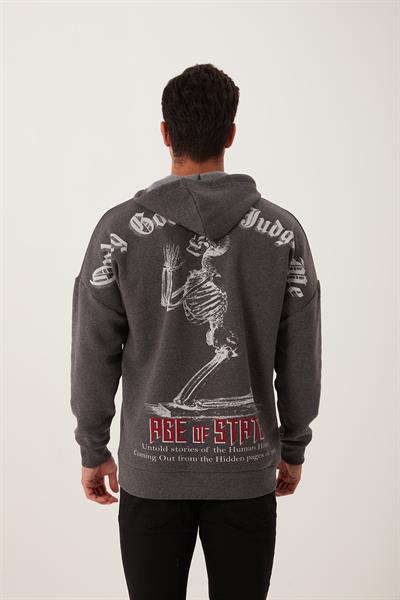 Erkek 3 İplik Pamuklu İçi Polarlı Ön Arka Baskılı Oversize Kapüşonlu Antrasit Sweatshirt