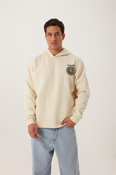 Erkek Oversize Baskılı Sweatshirt Ekru