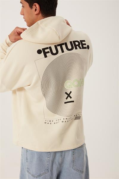 Erkek Oversize Baskılı Sweatshirt Ekru