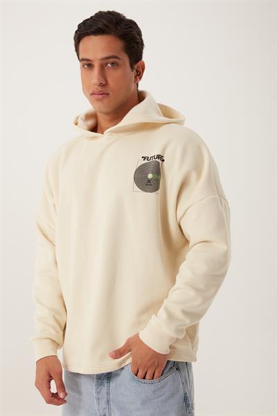 Erkek Oversize Baskılı Sweatshirt Ekru