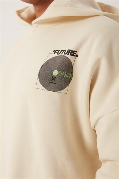 Erkek Oversize Baskılı Sweatshirt Ekru