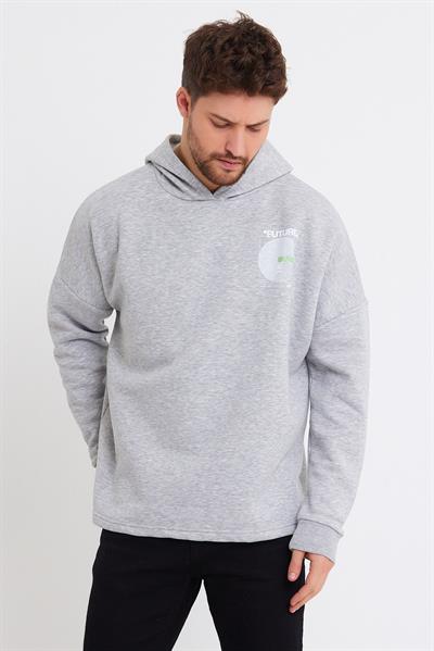 Erkek Oversize Baskılı Sweatshirt Gri Melanj