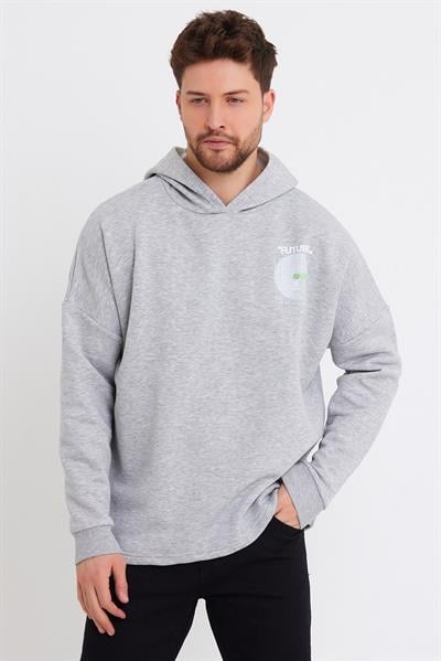 Erkek Oversize Baskılı Sweatshirt Gri Melanj