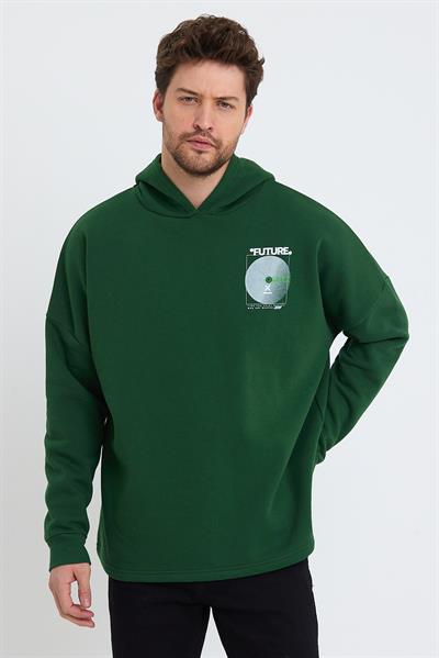 Erkek Oversize Baskılı Sweatshirt Yeşil