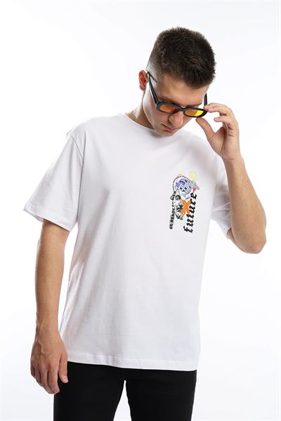 Erkek Oversize Fit Future Baskılı Basic Tişört Beyaz