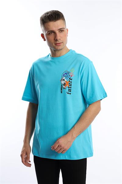 Erkek Oversize Fit Future Baskılı Basic Tişört Turkuaz