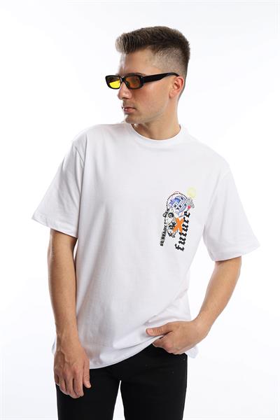 Erkek Oversize Fit Future Baskılı Basic Tişört Beyaz