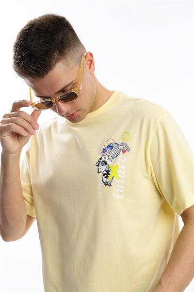 Erkek Oversize Fit Future Baskılı Basic Tişört Sarı