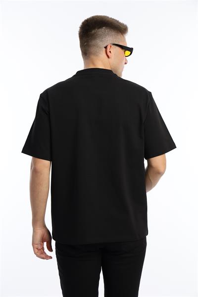 Erkek Oversize Fit Göğüs Baskılı Basic Tişört Siyah