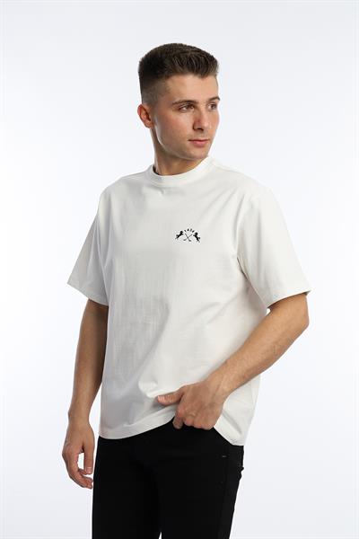 Erkek Oversize Fit Göğüs Baskılı Basic Tişört Beyaz