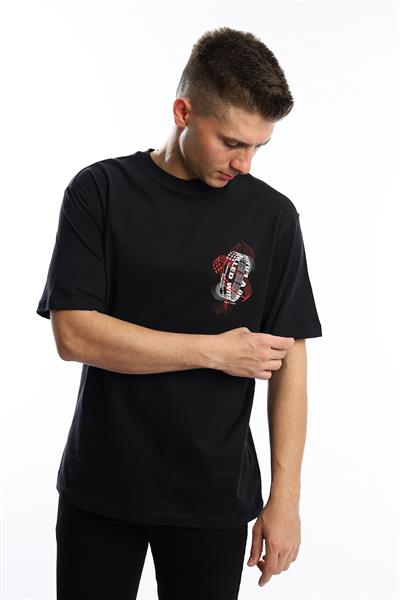 Erkek Oversize Fit Ön Arka Baskılı Basic Tişört Siyah